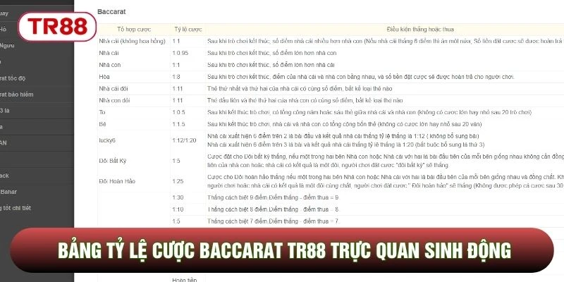 Bảng tỷ lệ cược baccarat TR88 trực quan sinh động Bảng tỷ lệ cược baccarat TR88 trực quan sinh động